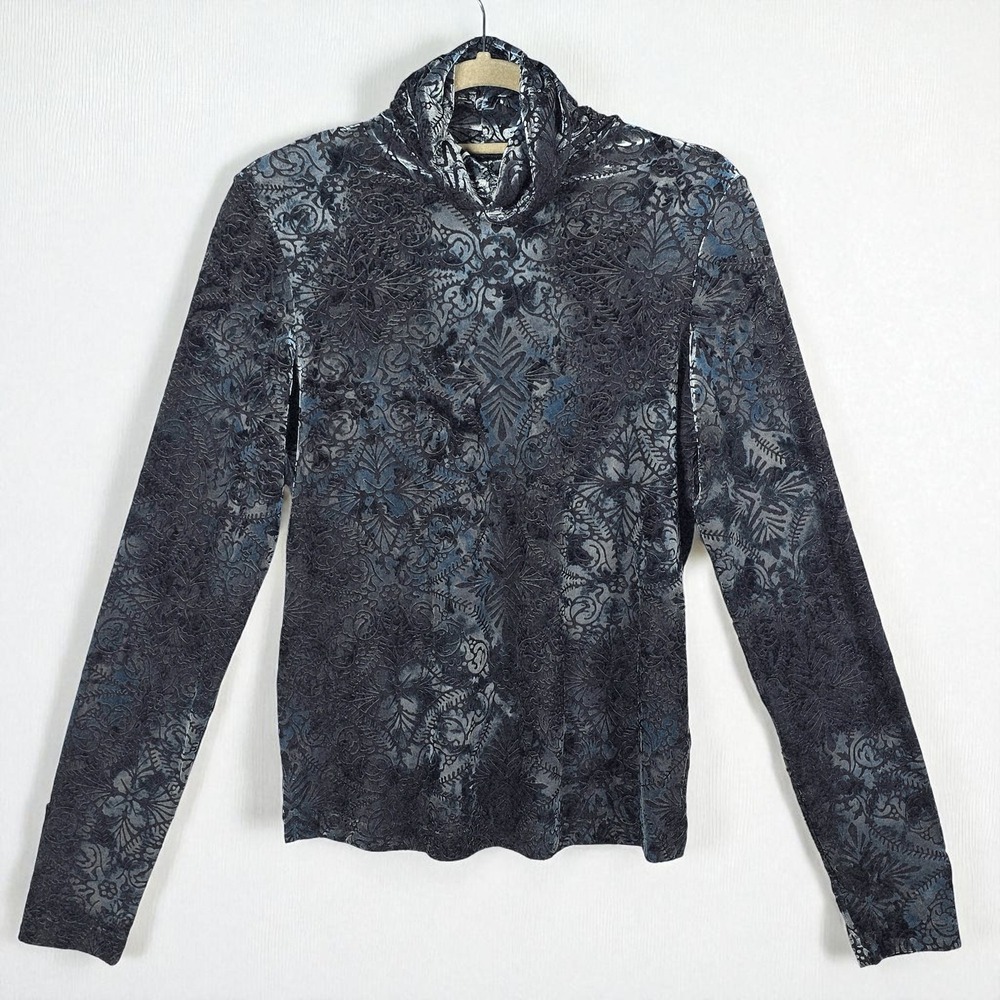 VTG Sno Skins Velvet Burnout‎ Turtleneck Top Medium Floral Print Long Sleeve USA